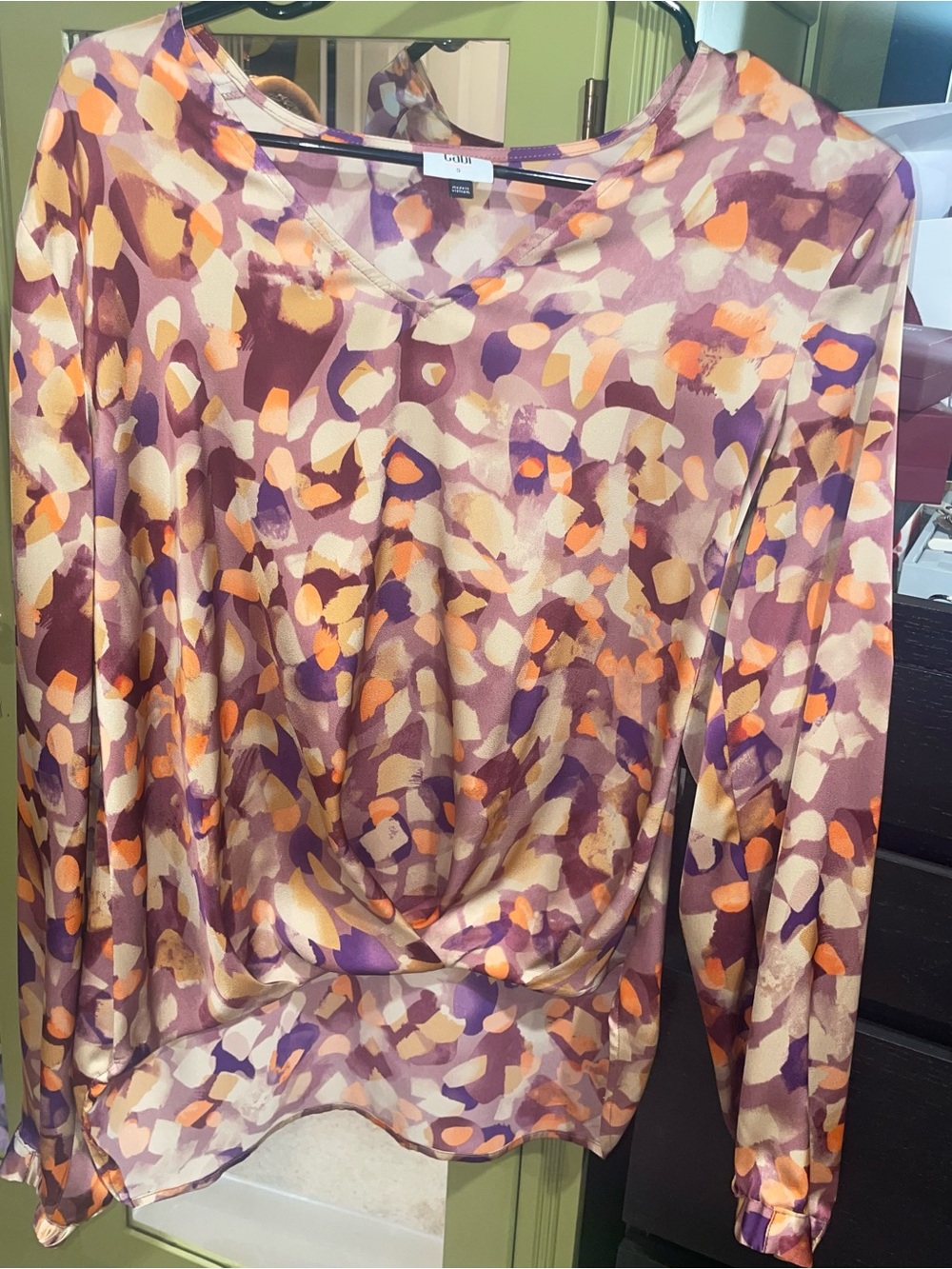 CAbi Abstract V-Neck Blouse in Purple, Orange & Cream